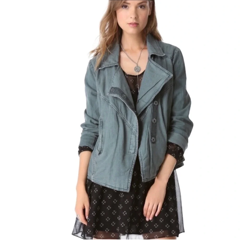 FREE PEOPLE Women's Blueish Green Linen Blend Moto Jacket Medium | EUC - Picture 1 of 8